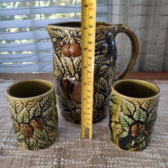 MCM Green Pitcher Set of 3 Reliefed Ceramic VTG Fruit Motif Pitcher and Tumblers - Picture 8 of 12